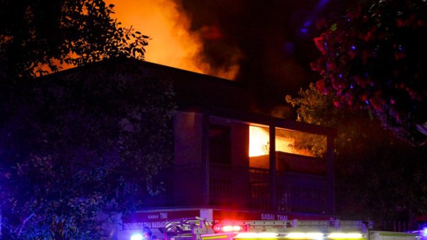 Destroyed ... the Turkish restaurant on fire.