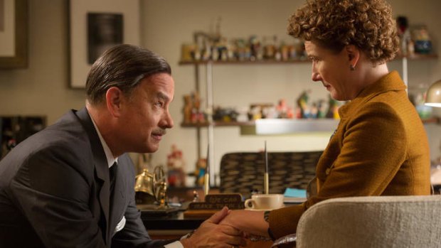 Walt Disney (Tom Hanks)  and P. L. Travers (Emma Thompson) in <i>Saving Mr. Banks</i>.