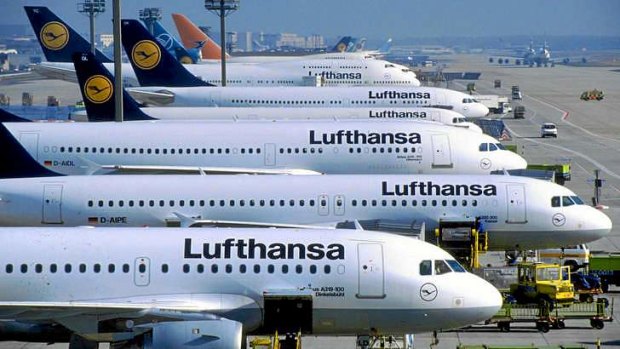 Lufthansa planes at Frankfurt's airport.
