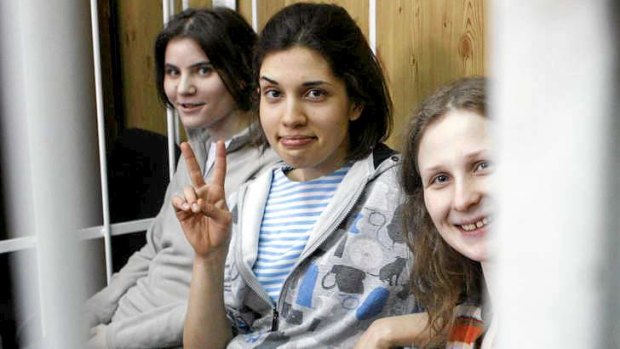 Members of  punk band Pussy Riot (from left) Yekaterina Samutsevich, Nadezhda Tolokonnikova and Maria Alyokhina in a Moscow court in July 2012.