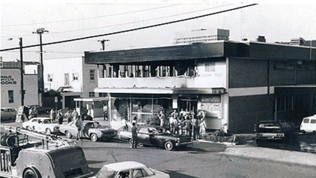 The burnt wreckage of the Whiskey Au Go Go nightclub in Brisbane in March 1973, in which 15 people died.