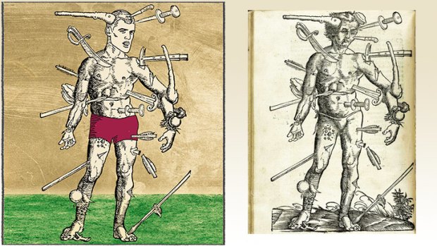 Jonathan Brown (left), as visualised by Jim Pavlidis, and (right) Hans Wechtlin's <em>Wounded Man</em>.
