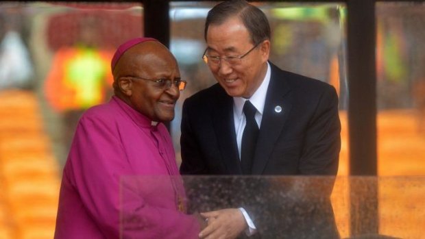 Mr Mandela 'taught by example', said UN Secretary General Ban Ki-moon, pictured with Desmond Tutu.