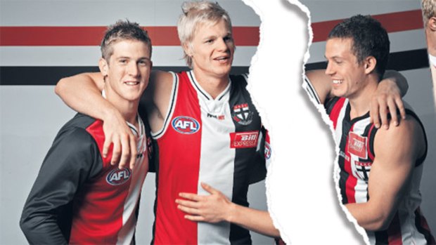 Nick Dal Santo, Nick Riewoldt and Luke Ball as young Saints hopefuls, and Riewoldt gives Ball some attention in last year's grand final.