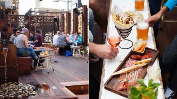 Lot Twenty's courtyard and, left, their charcuterie and Dutch fries.