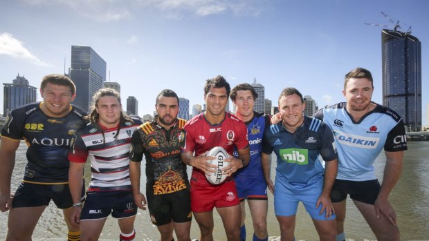 All lined up: Blake Enever (Brumbies), Jordy Reid (Rebels), Charlie Ngata (Chiefs), Karmichael Hunt (Reds), Daniel Heenen (Panasonic Wild Knights), James Parsons (Blues), Jed Holloway (Waratahs) at the launch of the Brisbane Global Tens.