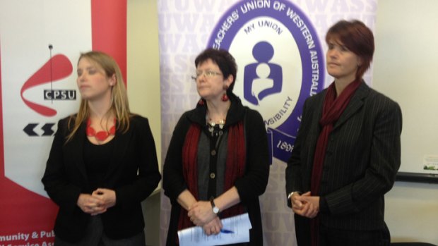 Rikki Hendon from CPSU, Anne Gisborne from SSTU and Carolyn Smith from United Voice.
