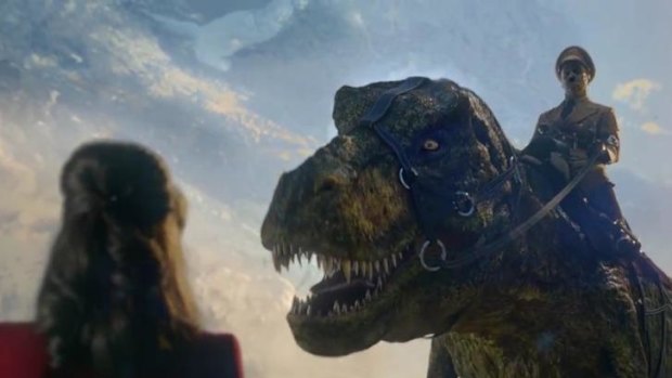 Adolf Hitler on a T-Rex in the teaser trailer for <i>Iron Sky: The Coming Race</i>.