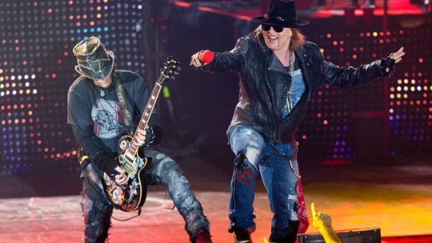 Greatest band? Guns N' Roses' Axl Rose (right) and DJ Ashba at Sidney Myer Music Bowl, Melbourne, last year.