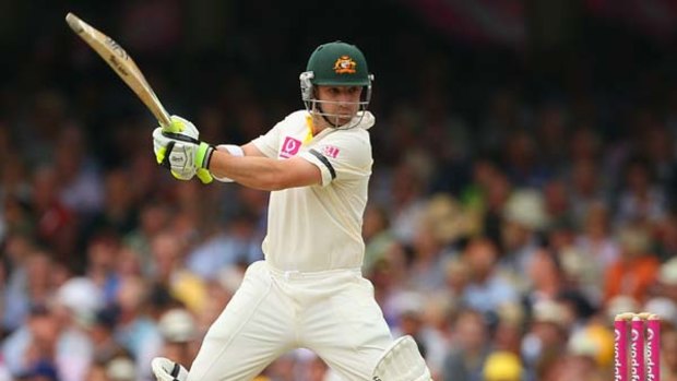Phillip Hughes plays a square cut on the first day of the fifth Test at the SCG.