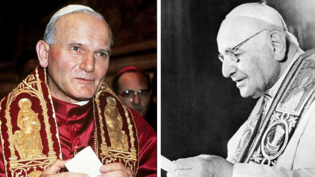 Pope John XXIII (right) celebrating Christmas Eve mass in 1962, and cardinal Karol Wojtyla on October 16, 1978 who was elected Pope John Paul II. The late popes will be made saints at an unprecedented joint ceremony on April 27, 2014 in a bid to unite Catholic conservatives and liberals.