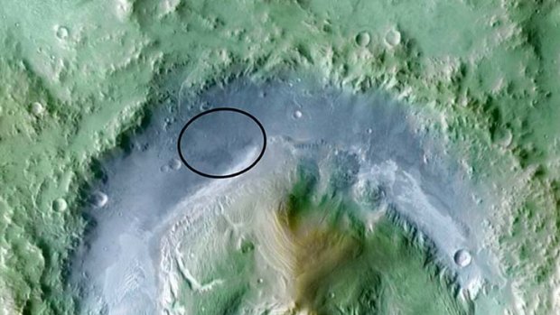 Gale Crater on Mars is the target landing zone for NASA's Mars Science Laboratory Curiosity rover between August 6 and 20, 2012.