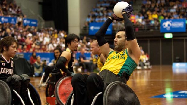 Man of Steelers ... Cameron Carr, co-captain of the Australian wheelchair rugby team, in a game against Japan earlier this month.