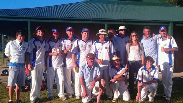 Aaron Dalley (front row, left) with team-mates from Dora Creek Workers Cricket Club. Mr Dalley is a life member of the club.