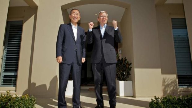 Foreign minister Kevin Rudd greeted Ban Ki-Moon Secretary General of the United Nations at his Yarralumla in 2011.