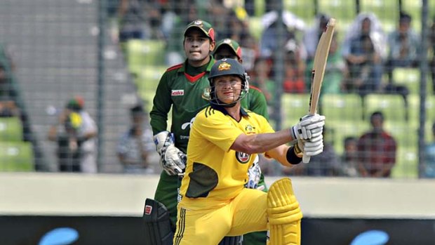 Watson power . . . Shane Watson belted an unbeaten 185 to record the highest score by an Australian in one-day cricket history as the Aussies hammered Bangladesh.