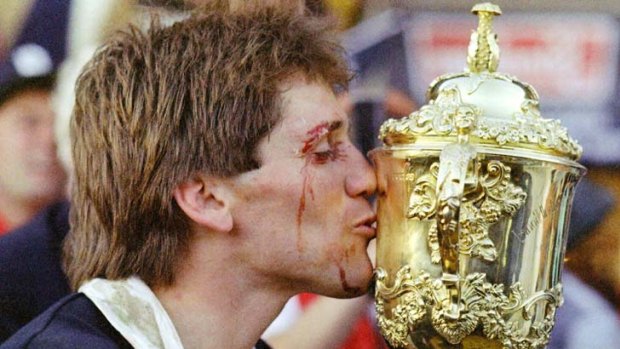 Aiming high ... then-All Black captain David Kirk kisses the William Webb Ellis Trophy after New Zealand's 1987 World Cup Victory.