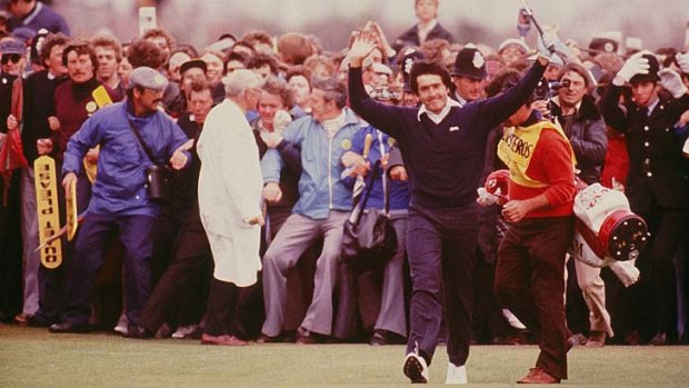 Seve Ballesteros celebrates on the 18th on his way to winning the 1979 British Open at Royal Lytham St Annes.