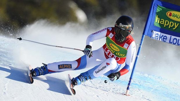 Lara Gut takes first place during the Audi FIS Alpine Ski World Cup Women's Super-G at Lake Louise, Canada.