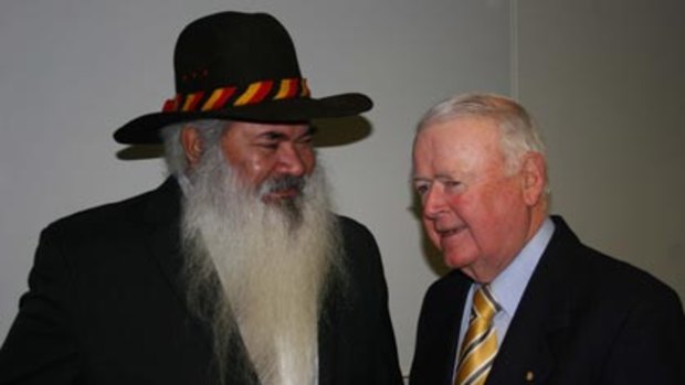 Dialogue...Pat Dodson with Sir William Deane yesterday. "I cringe with embarassment every time I hear it," Sir Williams says.