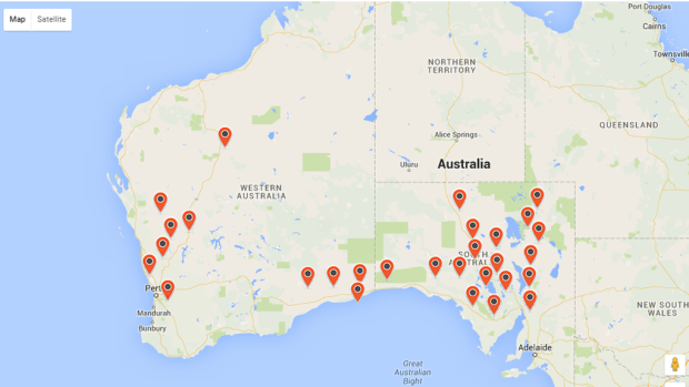 Locations where Curtin University has cameras tracking the skies and the trajectory of meteorites. 