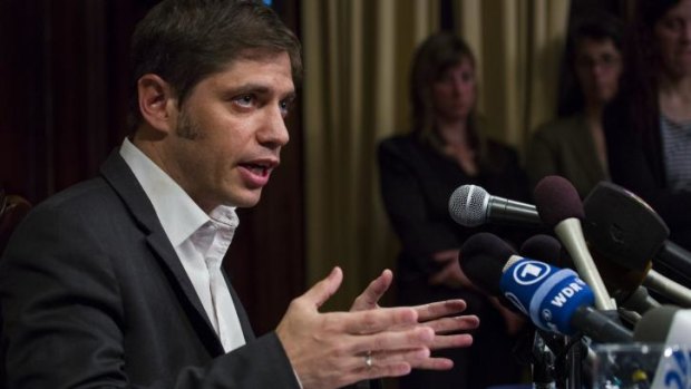 Axel Kicillof, Argentina's economy minister, addresses the media in Manhattan on Wednesday. He has described hedge funds that hold Argentine debt as 'vultures'.