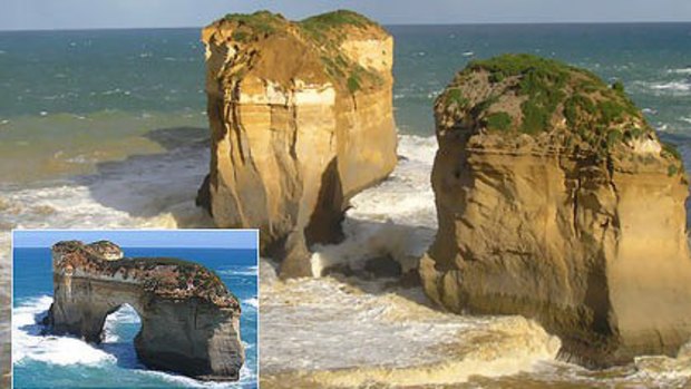 Island Archway (inset) is now two new features on Victoria's Great Ocean Road near Loch Ard Gorge after the middle section collapsed into the sea this week.