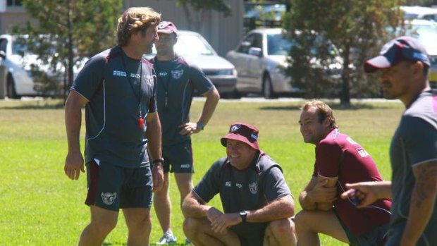 Taking no chances ... Des Hasler, left, at training with the Manly Sea Eagles.