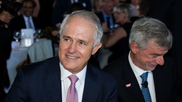 Prime Minister Malcolm Turnbull and Westpac Chairman, Lindsay Maxsted, at a lunch in Walsh Bay, Sydney on Wednesday.