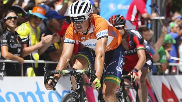 Simon Gerrans crosses the finish line in second place during stage two of the 2014 Tour Down Under on Wednesday.