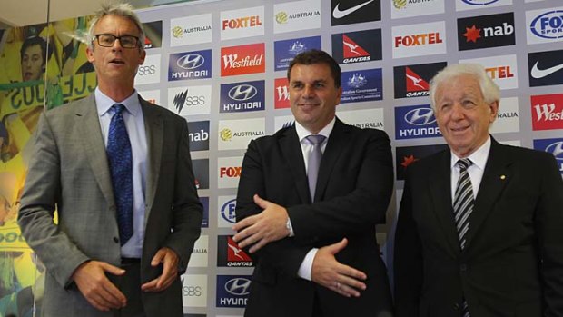 David Gallop, Ange Postecoglou and David Lowy after the announcement on Wednesday.