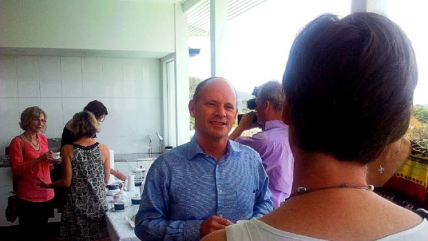 Campbell Newman has morning tea at a home in Ashgrove.