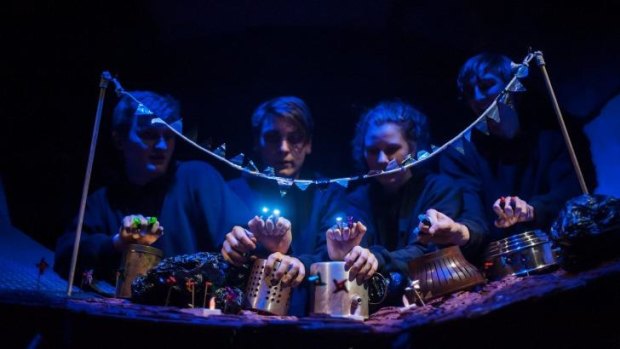 Samuel Whatley, left, Benjamin Newth, Laura Hague and Liam Howarth perform Dead Puppet Society's <i>Argus</i>.