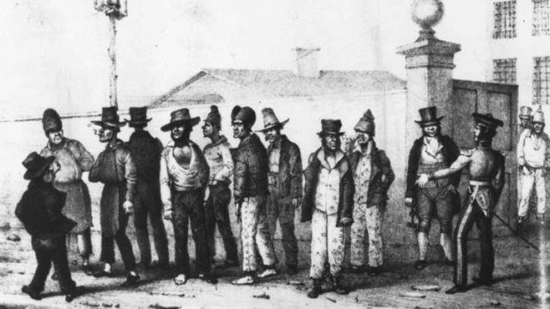 First Australian settlers: convicts sent to Australia, as depicted by Augustus Earle.
