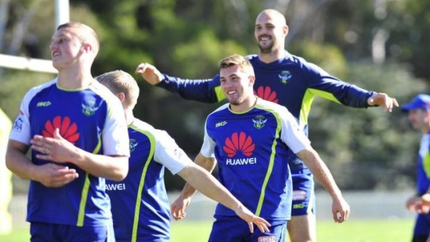 Mitch Cornish enjoys a joke at Raiders training on Wednesday.