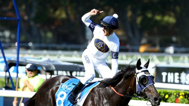 Champagne racing: Jockey Zac Purton rides Yankee Rose to win the Sires' Produce Stakes. 