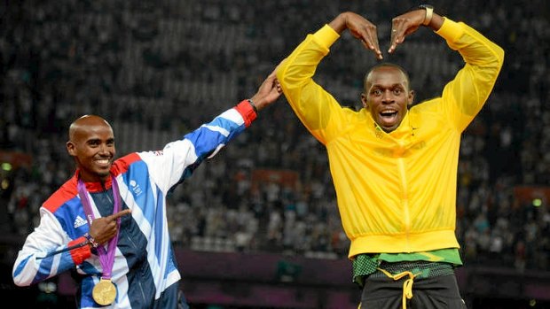 'M' for Melbourne? Jamaican sprint king Usain Bolt (right) celebrates his third London Olympics gold medal with the signature move of British dual gold medallist Mo Farah (left). The Melbourne Stars is hoping Bolt will play for them during the Big Bash cricket series.