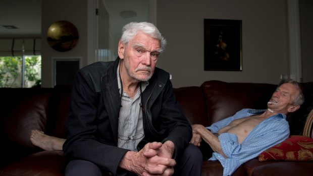 Bernard Erica is dying of cancer, hr's with Dr Rodney Syme (in black jacket) who has given him advice on how to take his own life. Dr Syme is challenging a Medical Board order about his guidance to Mr Erica. Dr Syme will be fighting the medical board's order against him in court on Monday. Photo: PENNY STEPHENS. The Age. 16TH NOVEMBER 2016