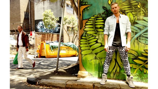 Model Nathan Waring shows off the latest fashion statement - meggings, or leggings for men. Even pop star Justin Bieber is said to be in on the meggings craze.