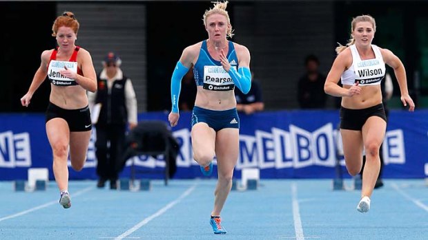 Sally Pearson (centre) competes in the 100 metres during the 92nd Australian Athletics Championships at Olympic Park on Friday.