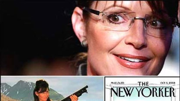 (Clockwise from top) US Republican vice-presidential candidate Sarah Palin on the campaign trail, the October 6 cover of The New Yorker, Tina Fey's protrayal of Sarah Palin on Saturday Night Live, and Gina Gershon as Palin.
