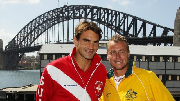Out on the town ... Roger Federer, left, and Lleyton Hewitt.