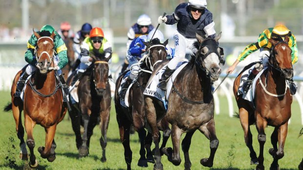 Perfect timing: Lloyd Williams' Fawkner unleashes a powerful finishing burst to race away with the Caulfield Cup on Saturday.