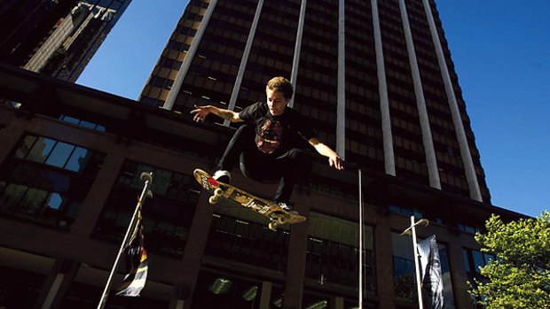 Riding high … Alon Settinger takes to the air at Martin Place. A new skate park is proposed under the Western Distributor.