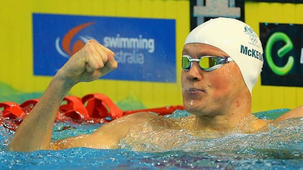 David McKeon celebrates after winning the men's 400 metres freestyle on the opening day of the Australian Swimming Championships in Adelaide on Friday.