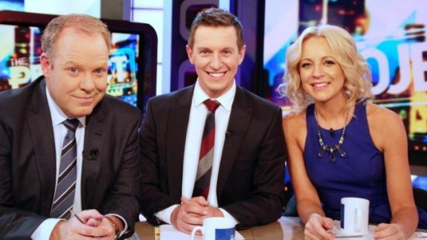 Reunited ... Peter Helliar, Rove McManus and Carrie Bickmore in <p>The Project</p>.