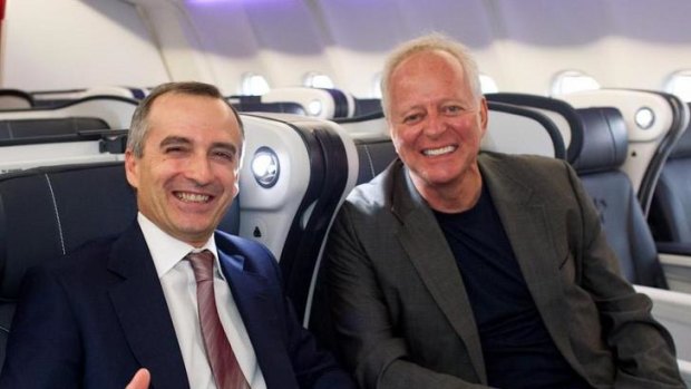 Virgin Australia chief executive John Borghetti (left) with the company's brand designer, Hans Hulsbosch, in one of the new A330s.