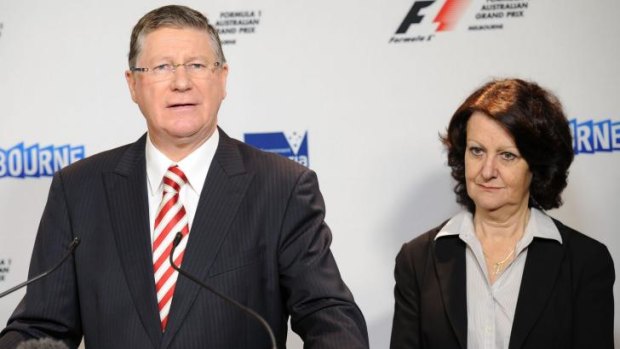 The Premier of Victoria, Denis Napthine, and Major Events Minister Louise Asher announcing that the grand prix will continue to be staged in Melbourne until 2020.