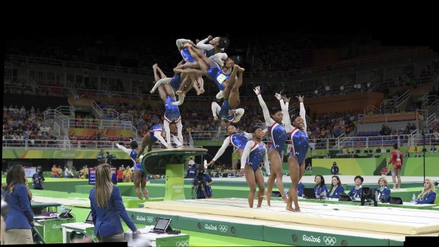 In a composite photo illustration, Simone Biles performs the Amanar vault during the women's gymnastics individual all-around final.
