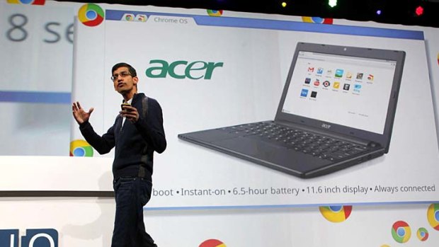 Sundar Pichai, senior vice president of Chrome at Google, announces an Acer notebook running Google Chrome OS.
